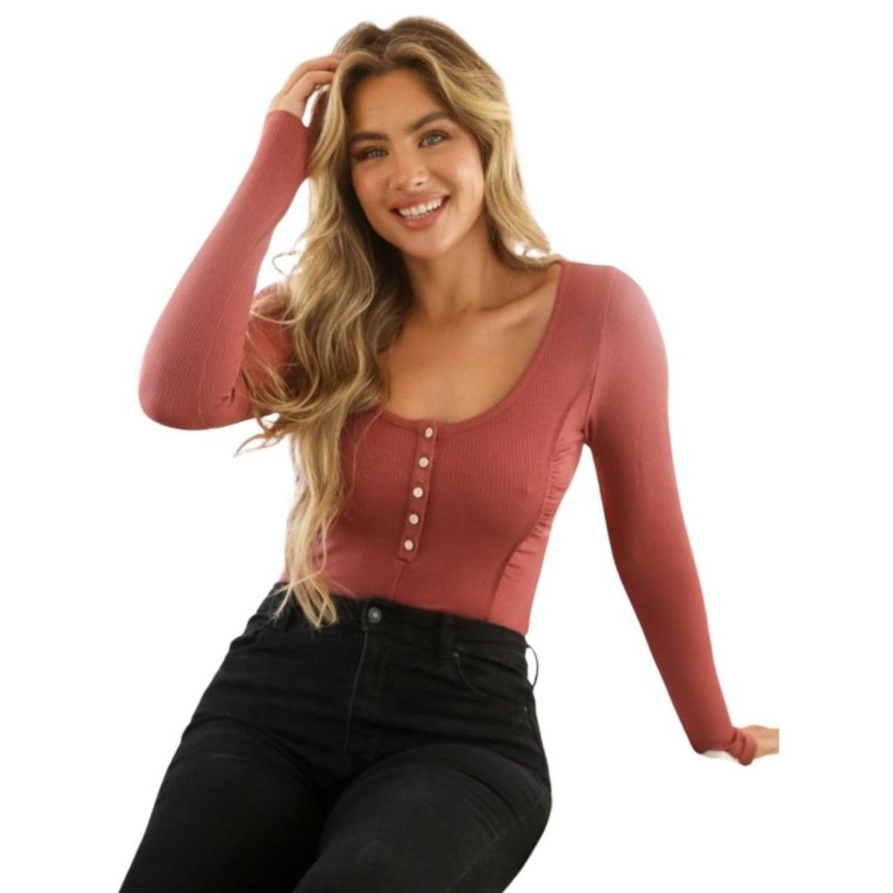 PEACH LOVE CA Ribbed Long Sleeve Terracotta Body Suit KBS84093 - Picture 1 of 8